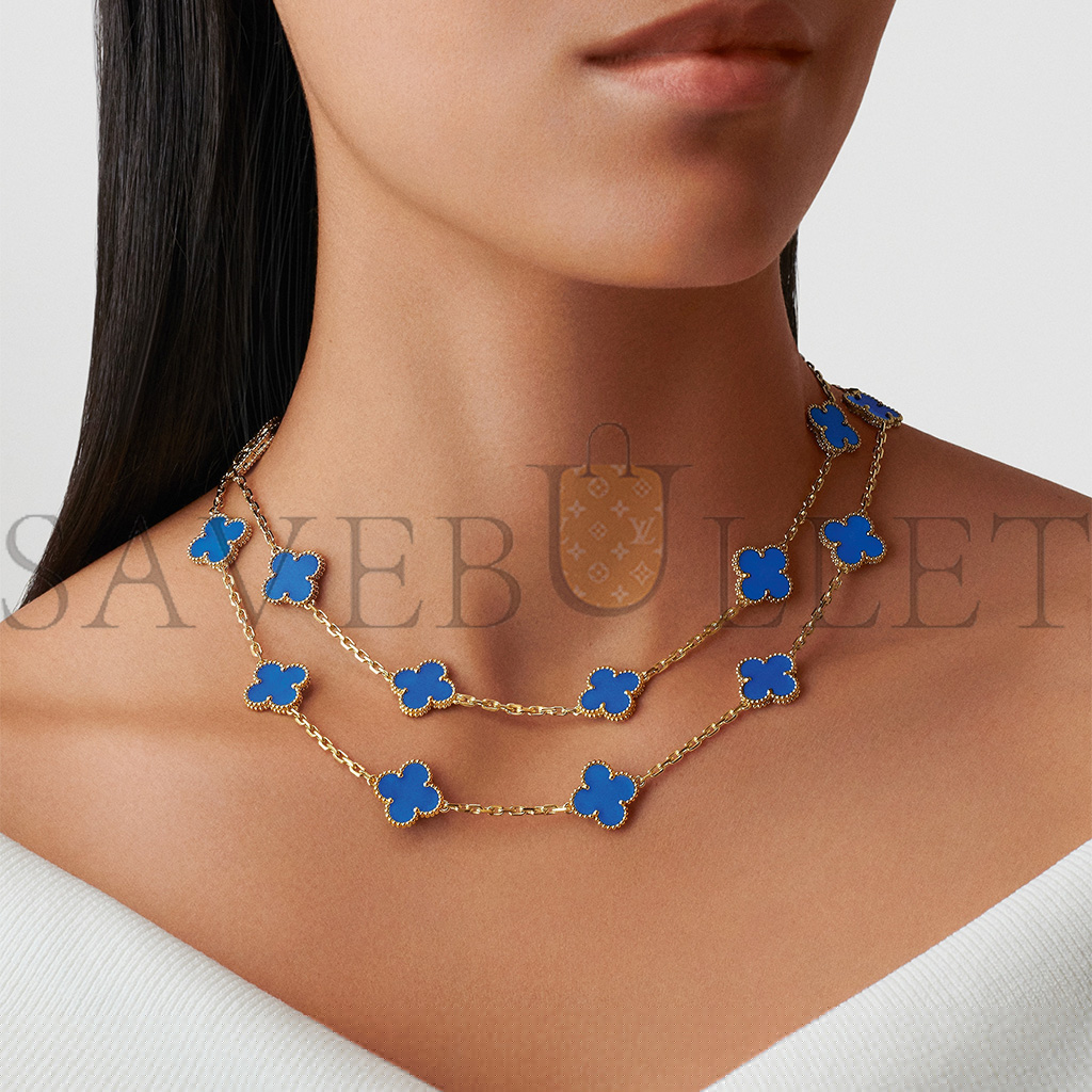 V*N CL*F arpels vintage alhambra long necklace, 20 motifs - yellow gold, agate  vcarp7rn00